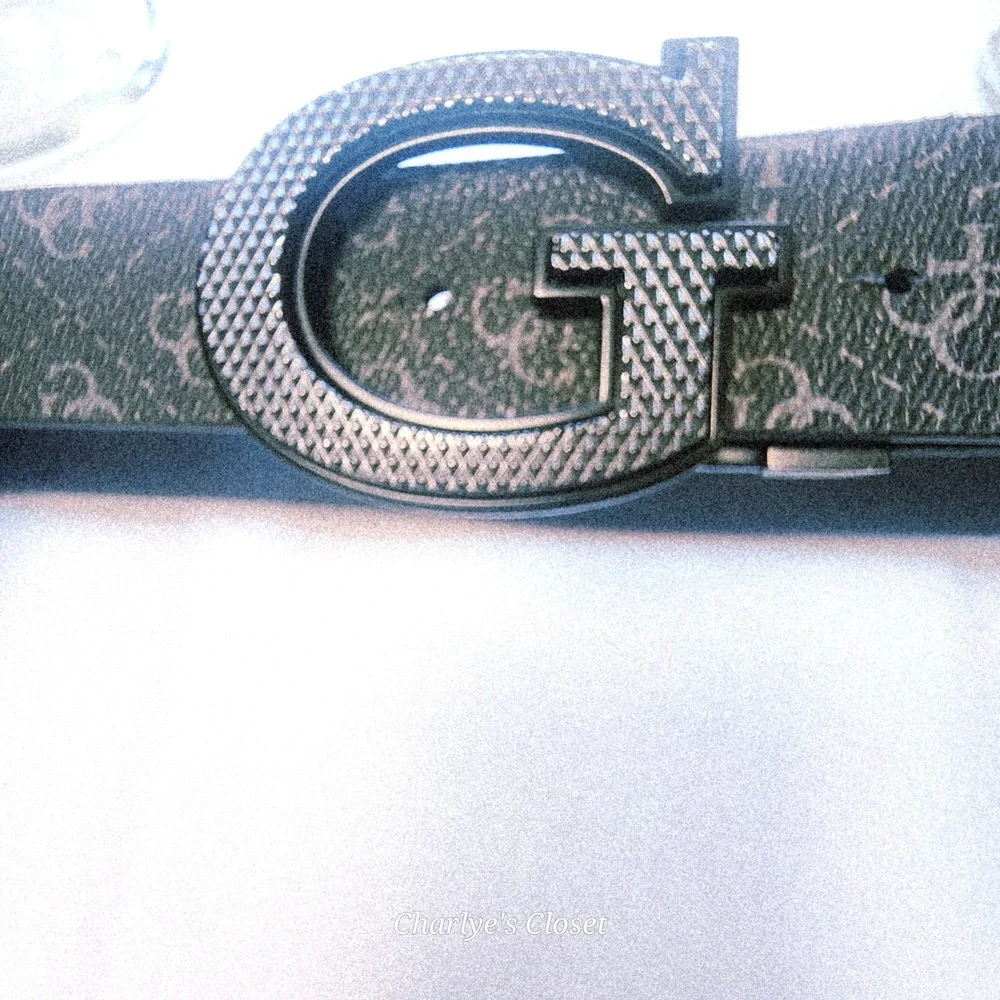 Guess Monogram Logo Belt Mens 32 Grey/Black Excellent Large G Buckle Y2K Vibes